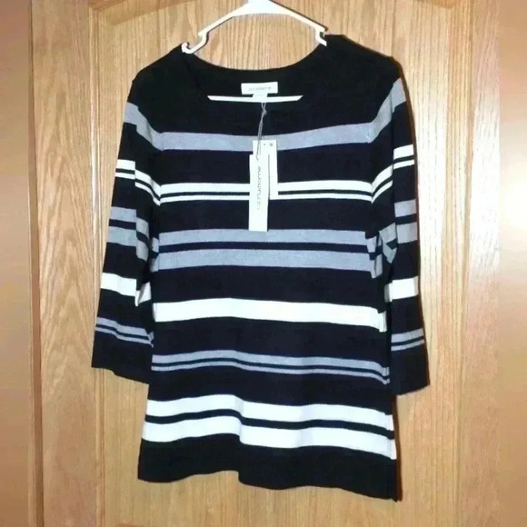 Liz Claiborne sweater size M black gray white striped super soft - Picture 1 of 7